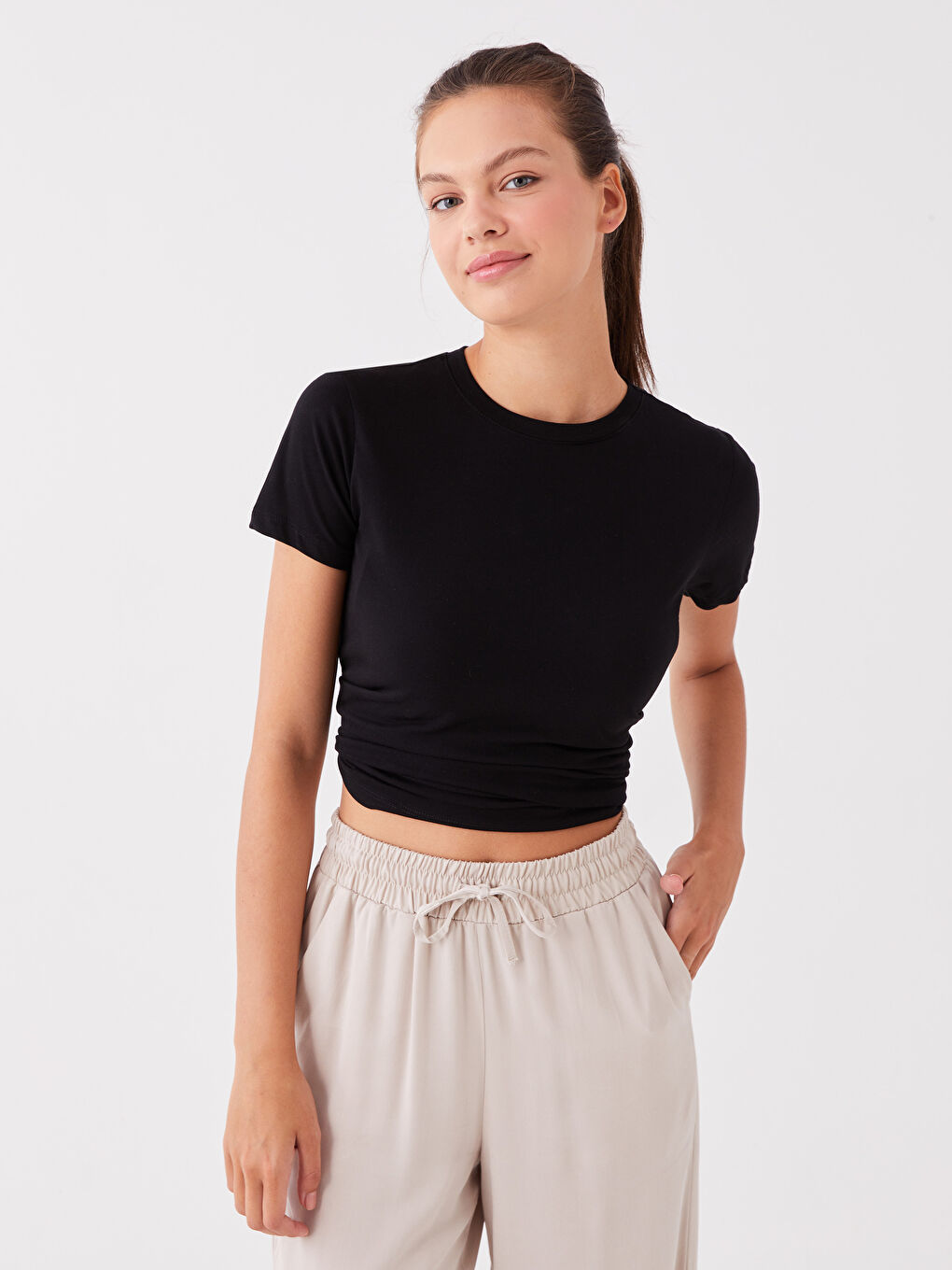 Women Crew Neck Straight Short Sleeve T-Shirt-2