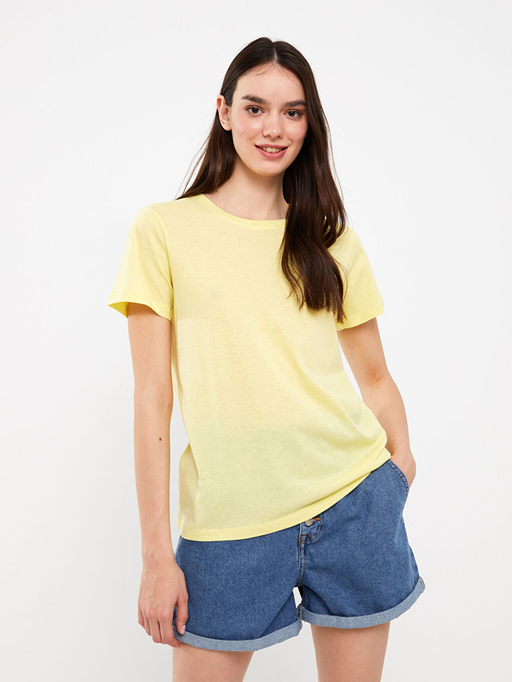 Sarı Kadın Bisiklet Yaka Düz Kısa Kollu Tişört