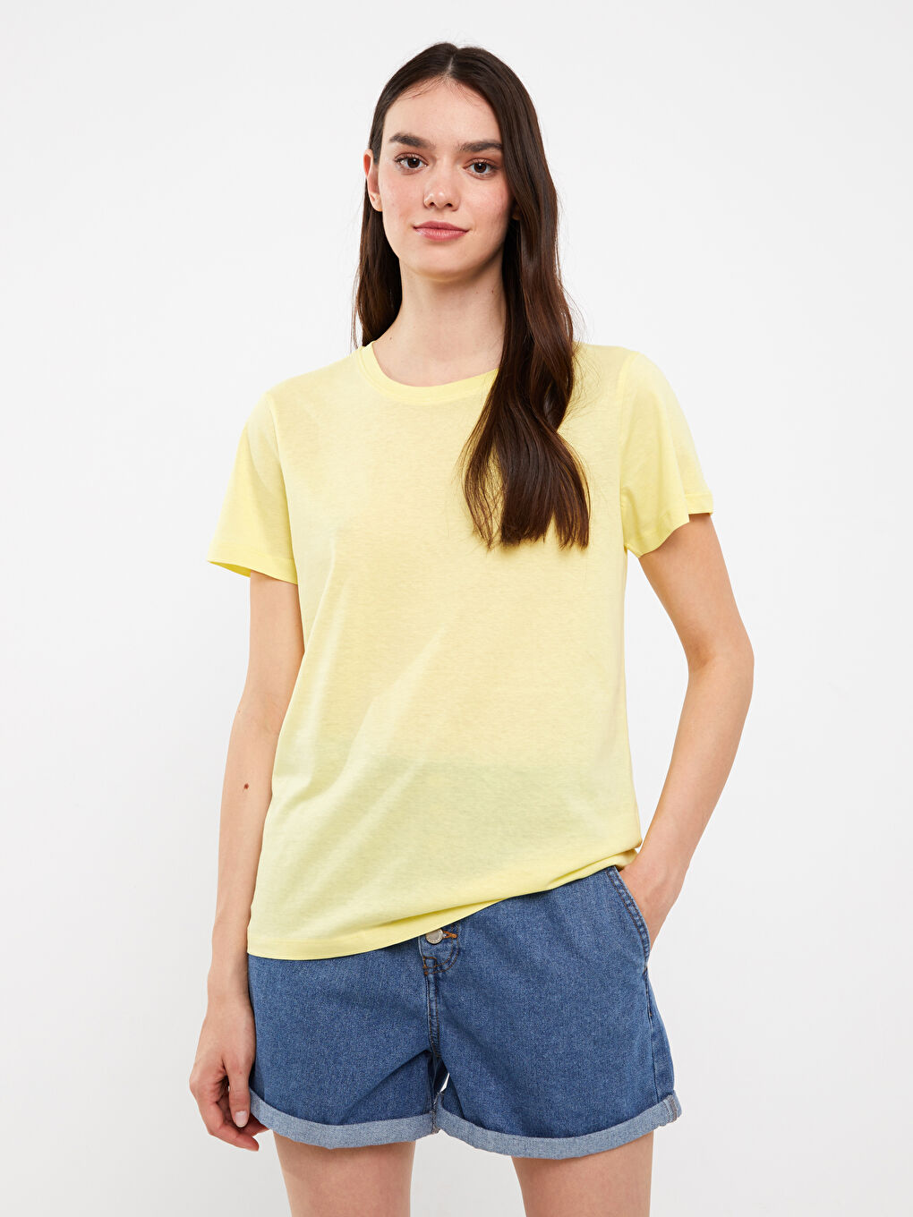 Sarı Kadın Bisiklet Yaka Düz Kısa Kollu Tişört-1