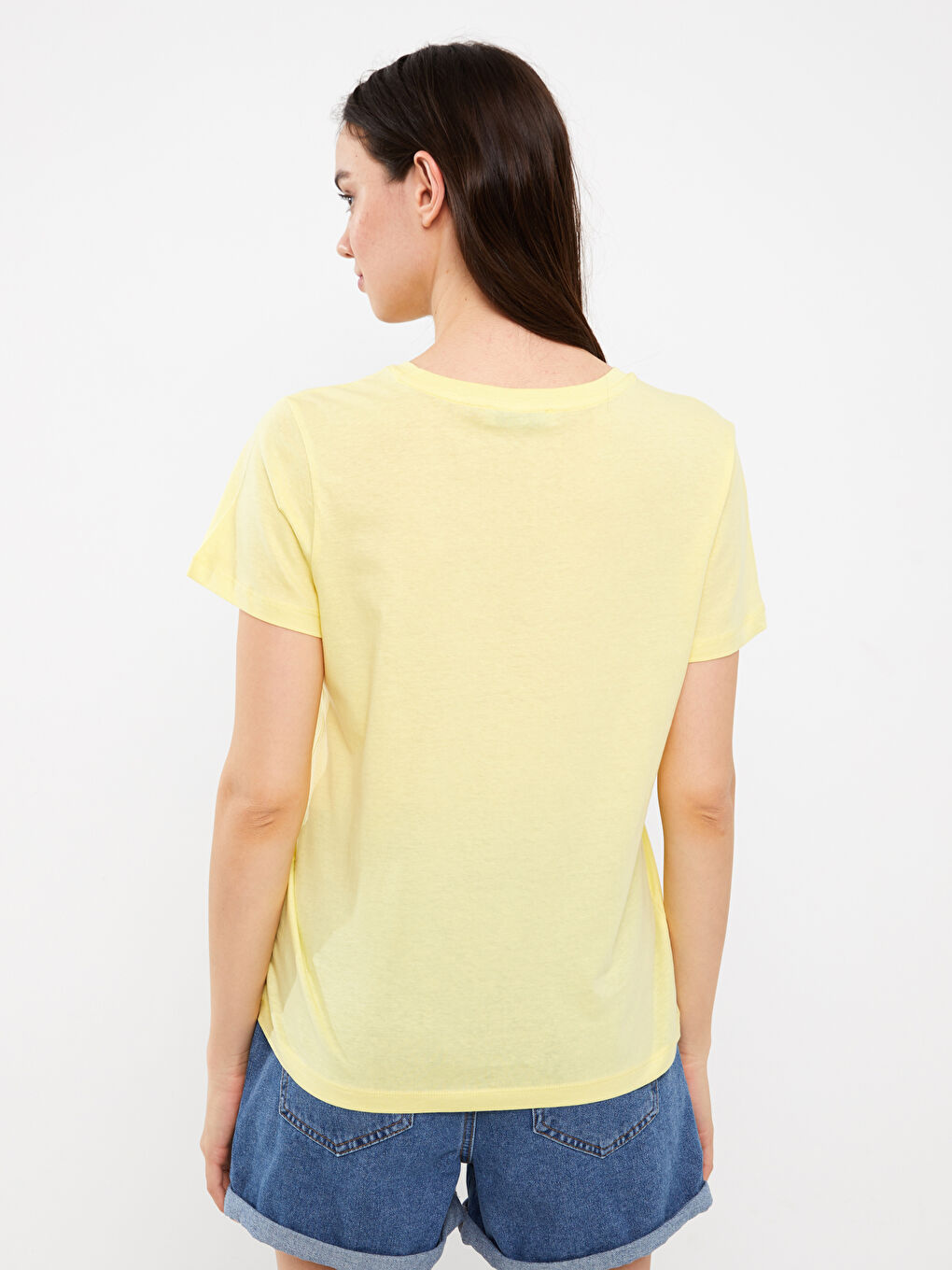 Sarı Kadın Bisiklet Yaka Düz Kısa Kollu Tişört-4