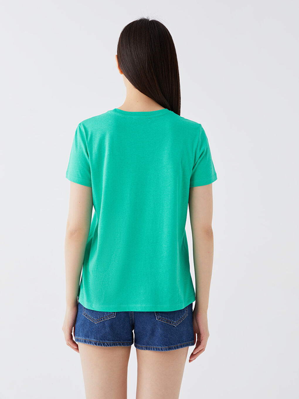 Yeşil Kadın Bisiklet Yaka Düz Kısa Kollu Tişört-4