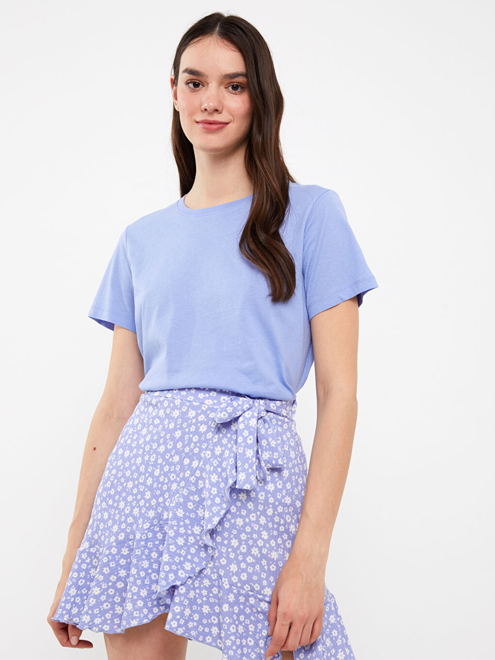 Lila Kadın Bisiklet Yaka Düz Kısa Kollu Tişört