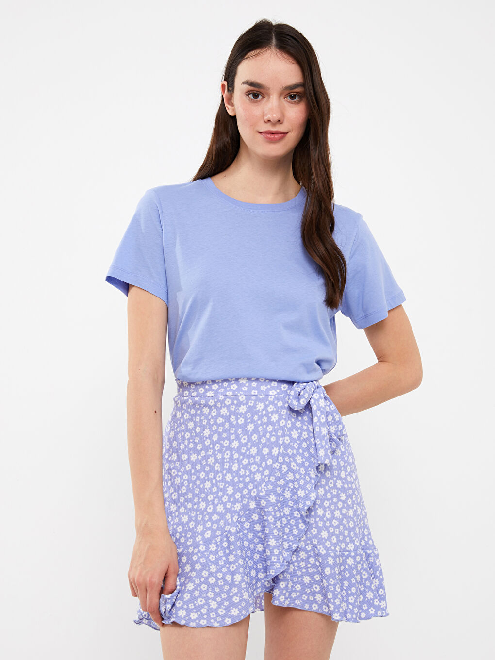 Lila Kadın Bisiklet Yaka Düz Kısa Kollu Tişört-1