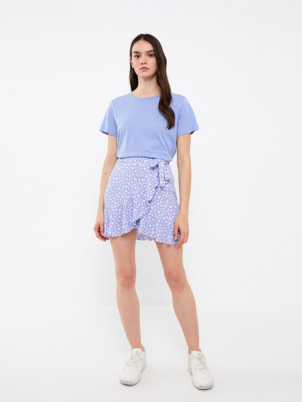 Lila Kadın Bisiklet Yaka Düz Kısa Kollu Tişört-2