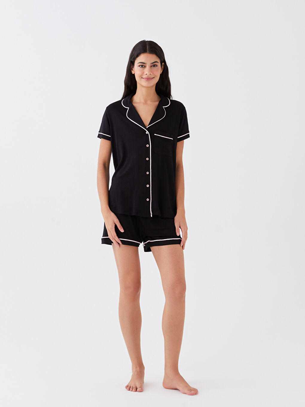 طقم بيجامة شورت بياقة قميص سادة كم قصير للسيدات-2