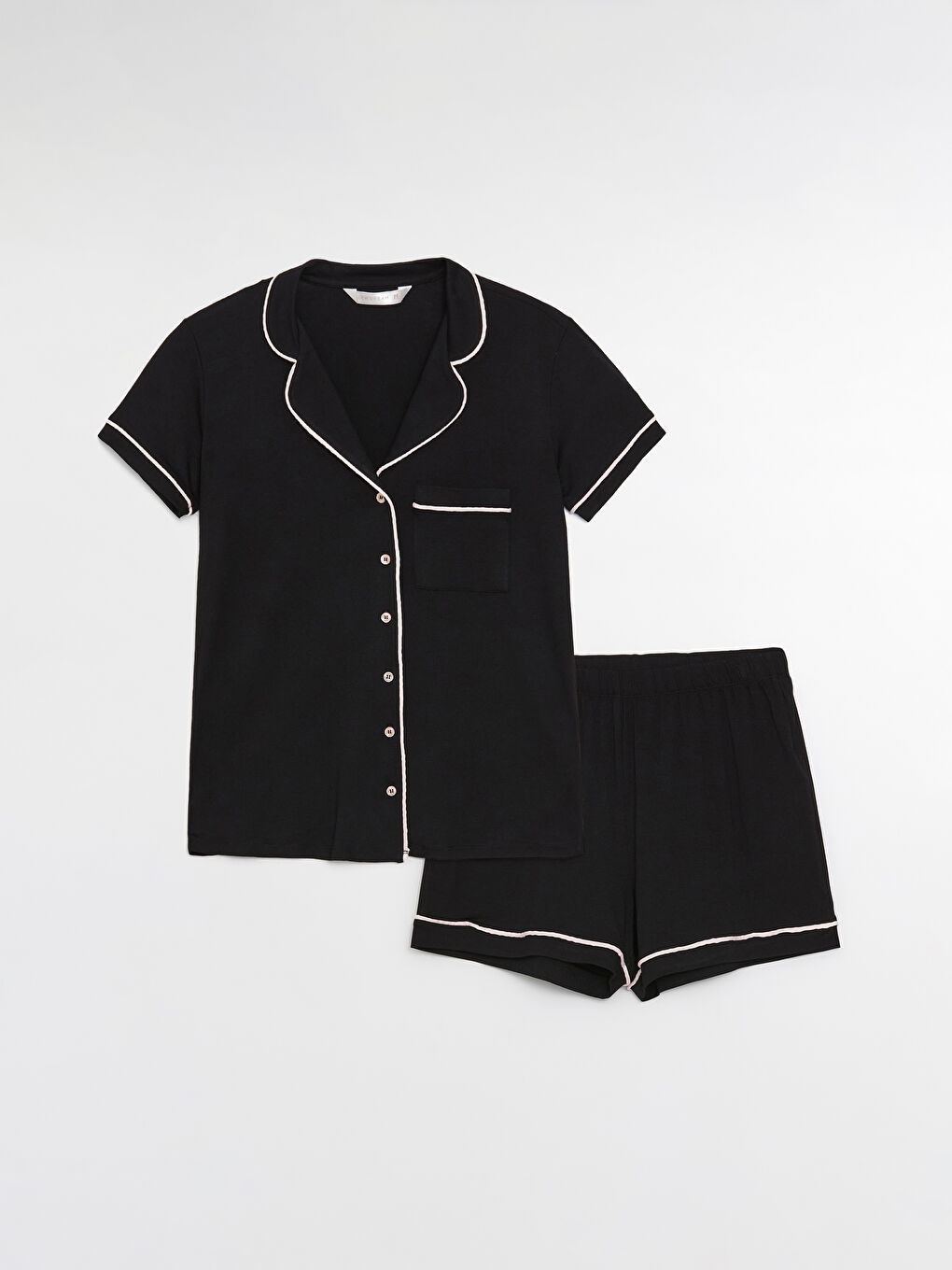 طقم بيجامة شورت بياقة قميص سادة كم قصير للسيدات-5