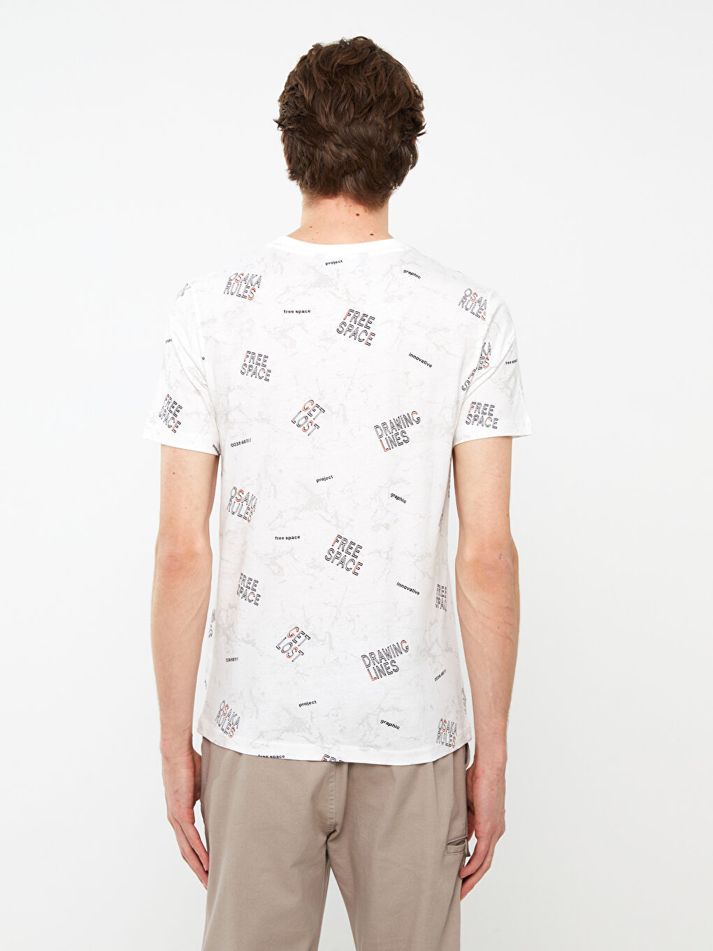 Beyaz Bisiklet Yaka Kısa Kollu Baskılı Penye Erkek Tişört-4