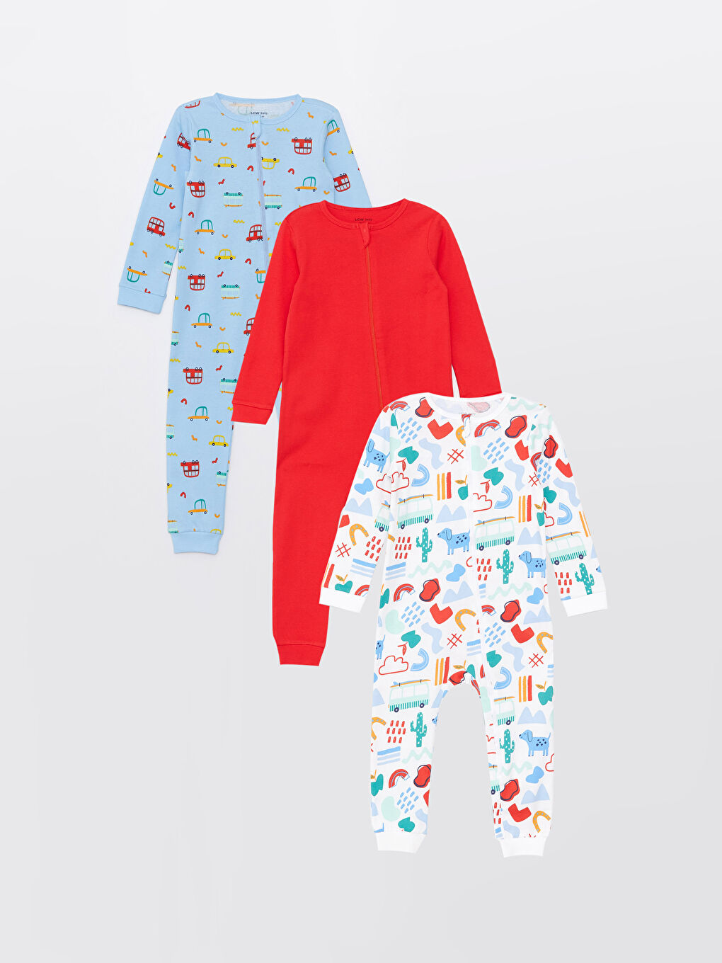 Beyaz Bisiklet Yaka Uzun Kollu Baskılı Erkek Bebek Tulum 3'lü