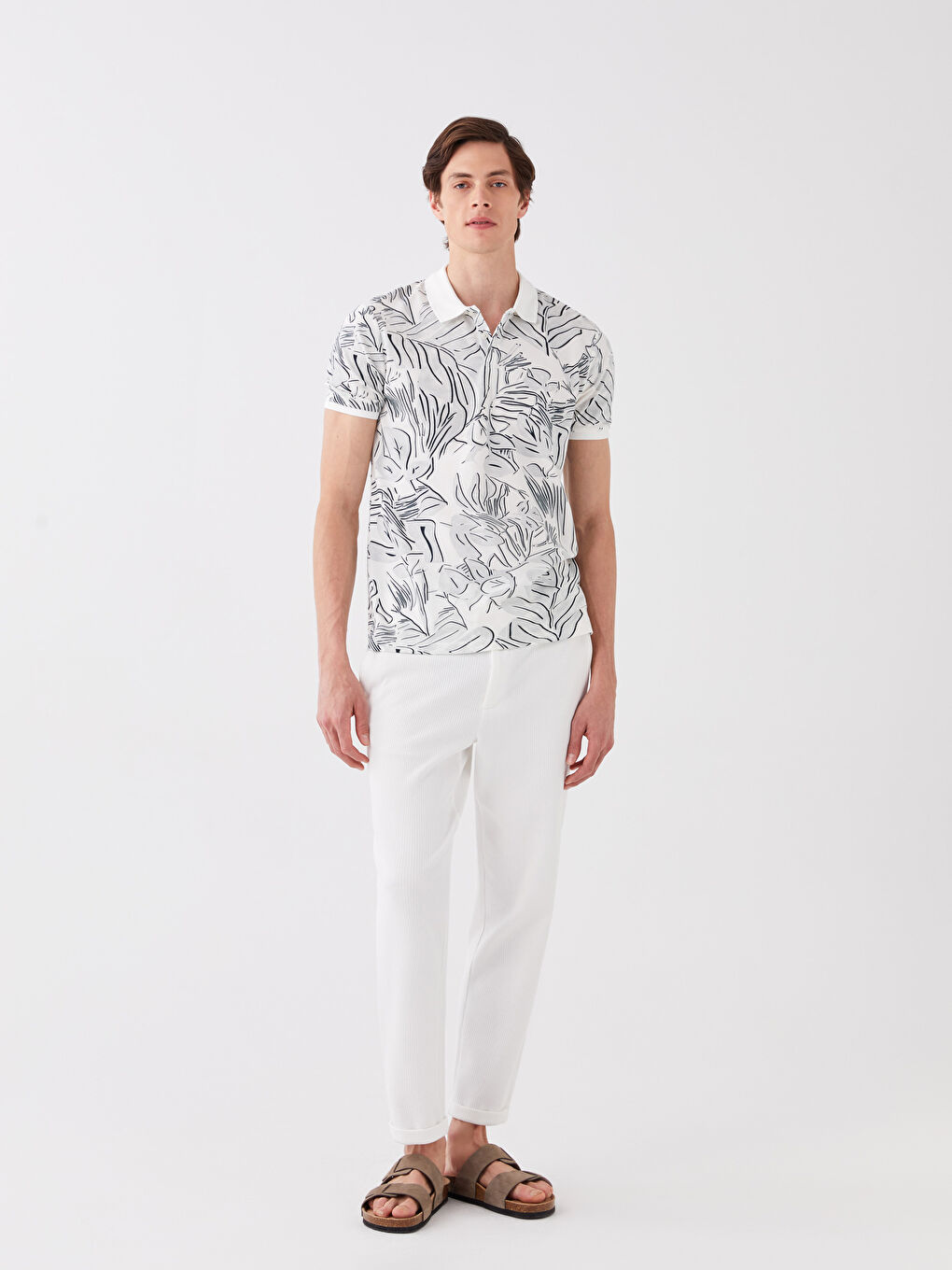 Gri Polo Yaka Kısa Kollu Desenli Pike Erkek Tişört-2