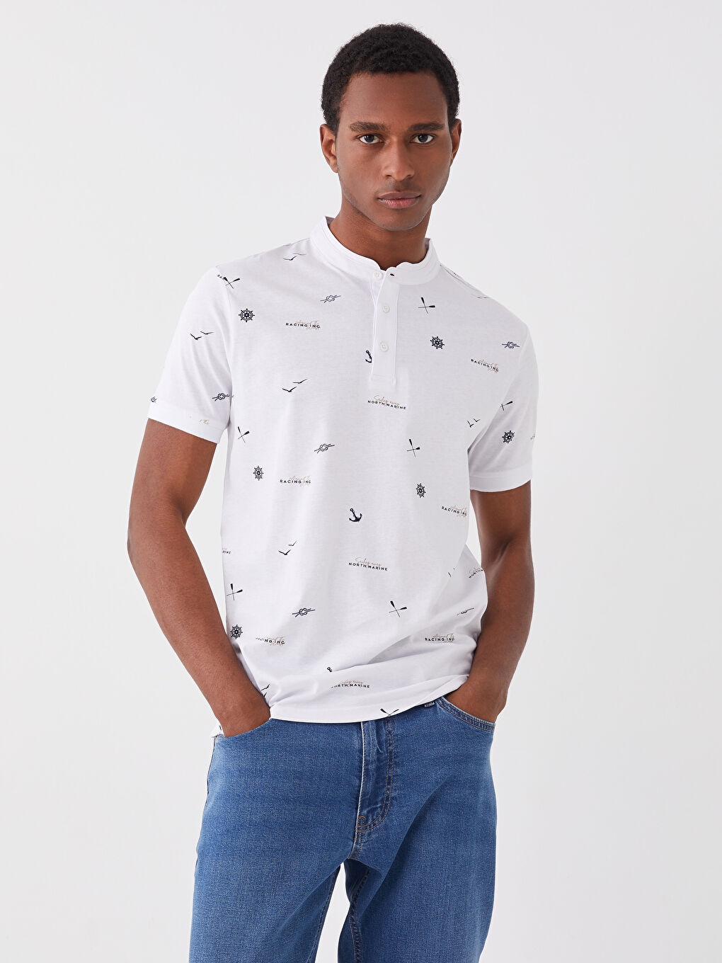 Grandad Collar Short Sleeve Patterned Men's T-Shirt