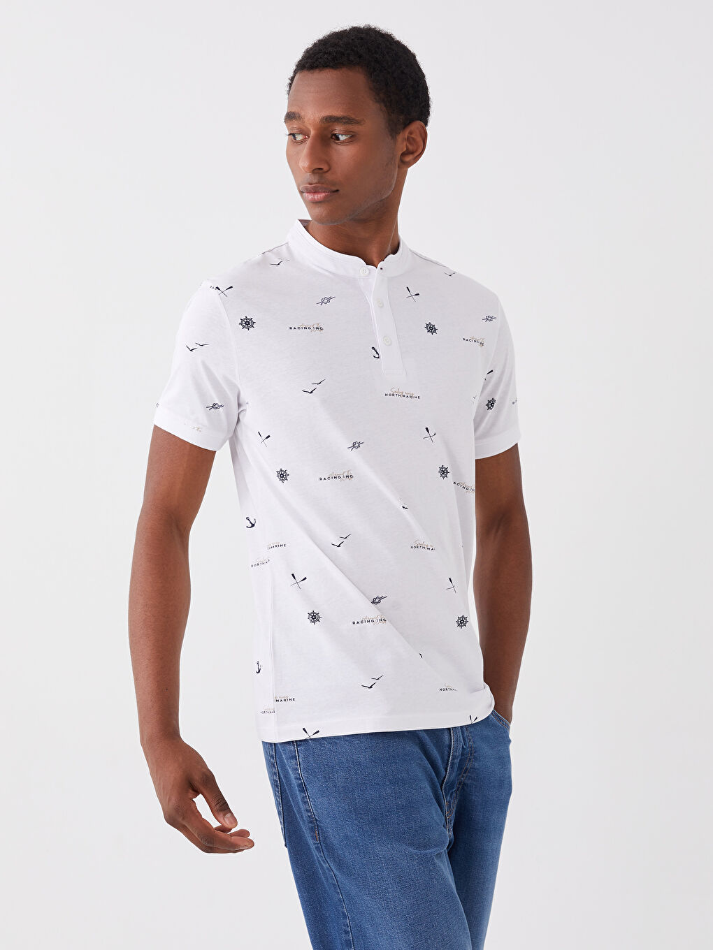 Grandad Collar Short Sleeve Patterned Men's T-Shirt-1