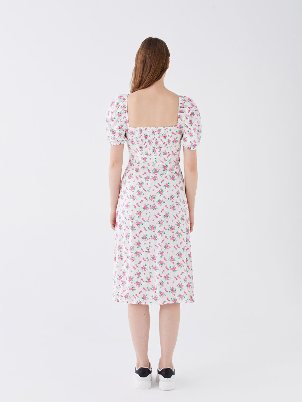 Платье с вырезом «Сердечко», цветочным узором, коротким рукавом из вискозы для женщин-6