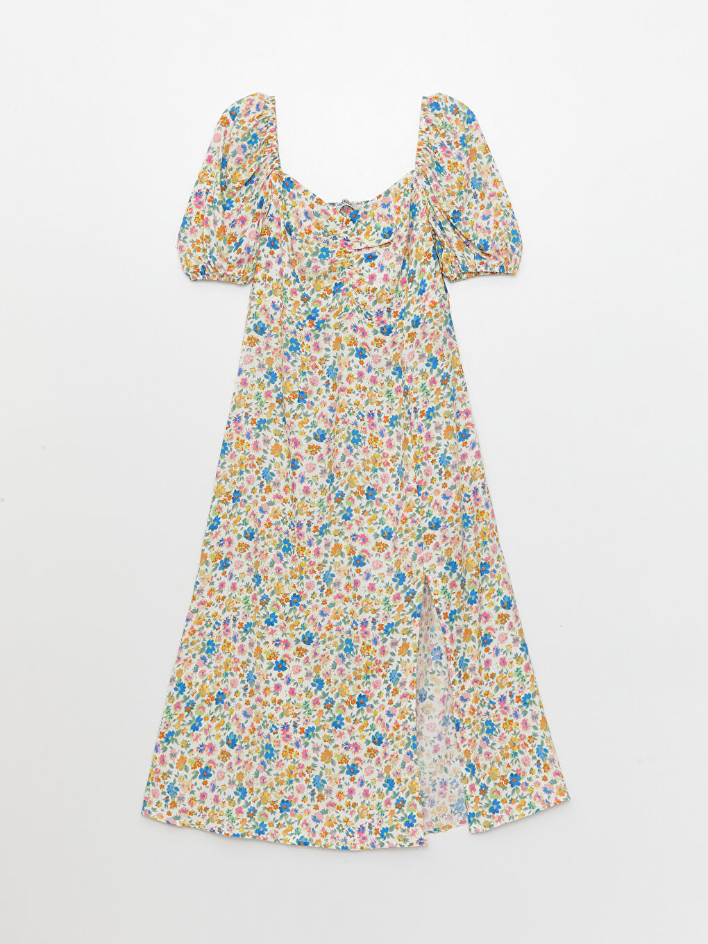 Yeşil Kalp Yaka Çiçekli Kısa Kollu Viskon Kadın Elbise-5