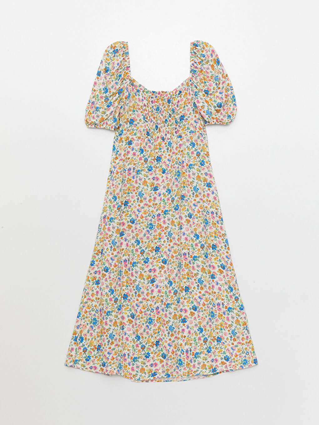 Yeşil Kalp Yaka Çiçekli Kısa Kollu Viskon Kadın Elbise-6