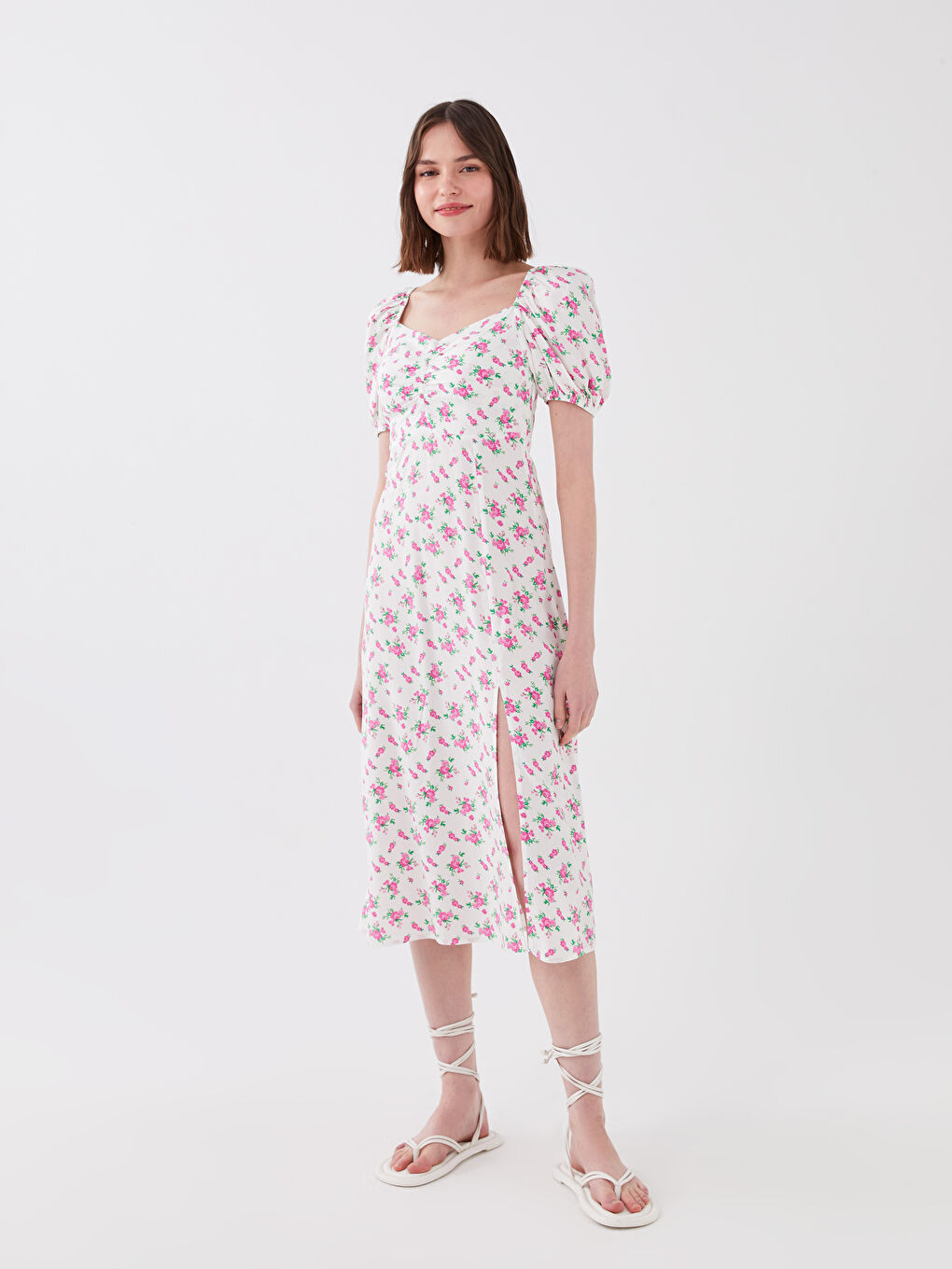 Платье с вырезом «Сердечко», цветочным узором, коротким рукавом из вискозы для женщин-1