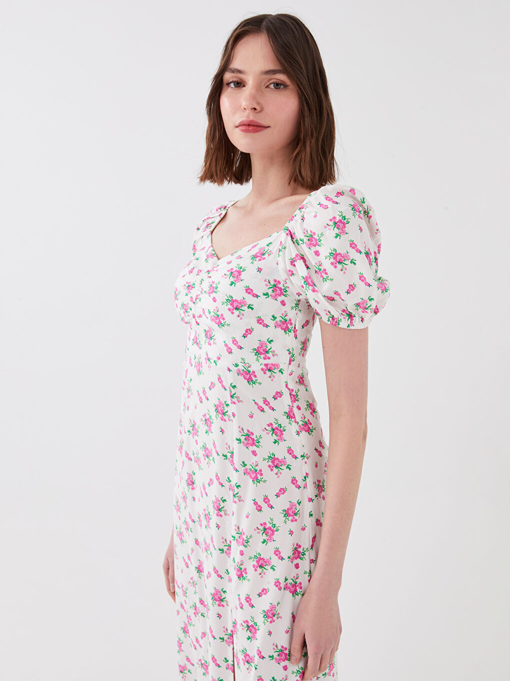 Платье с вырезом «Сердечко», цветочным узором, коротким рукавом из вискозы для женщин-5