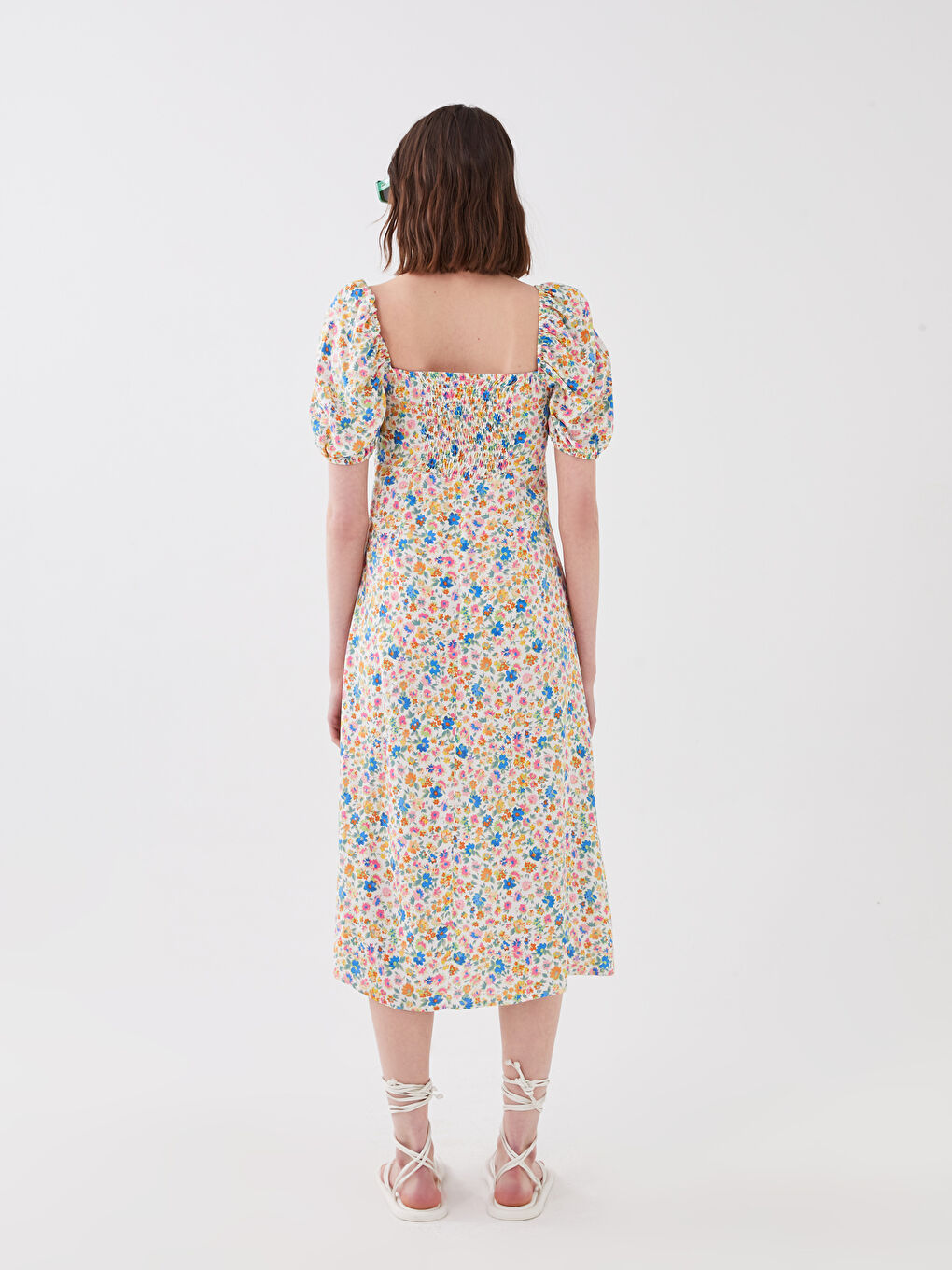 Yeşil Kalp Yaka Çiçekli Kısa Kollu Viskon Kadın Elbise-4