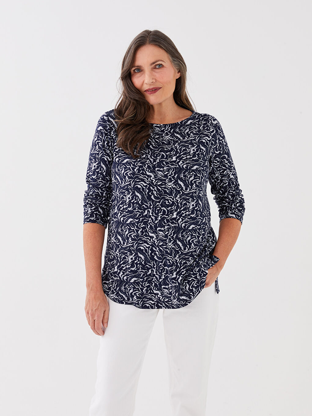 Lacivert Bisiklet Yaka Desenli Uzun Kollu Kadın Bluz