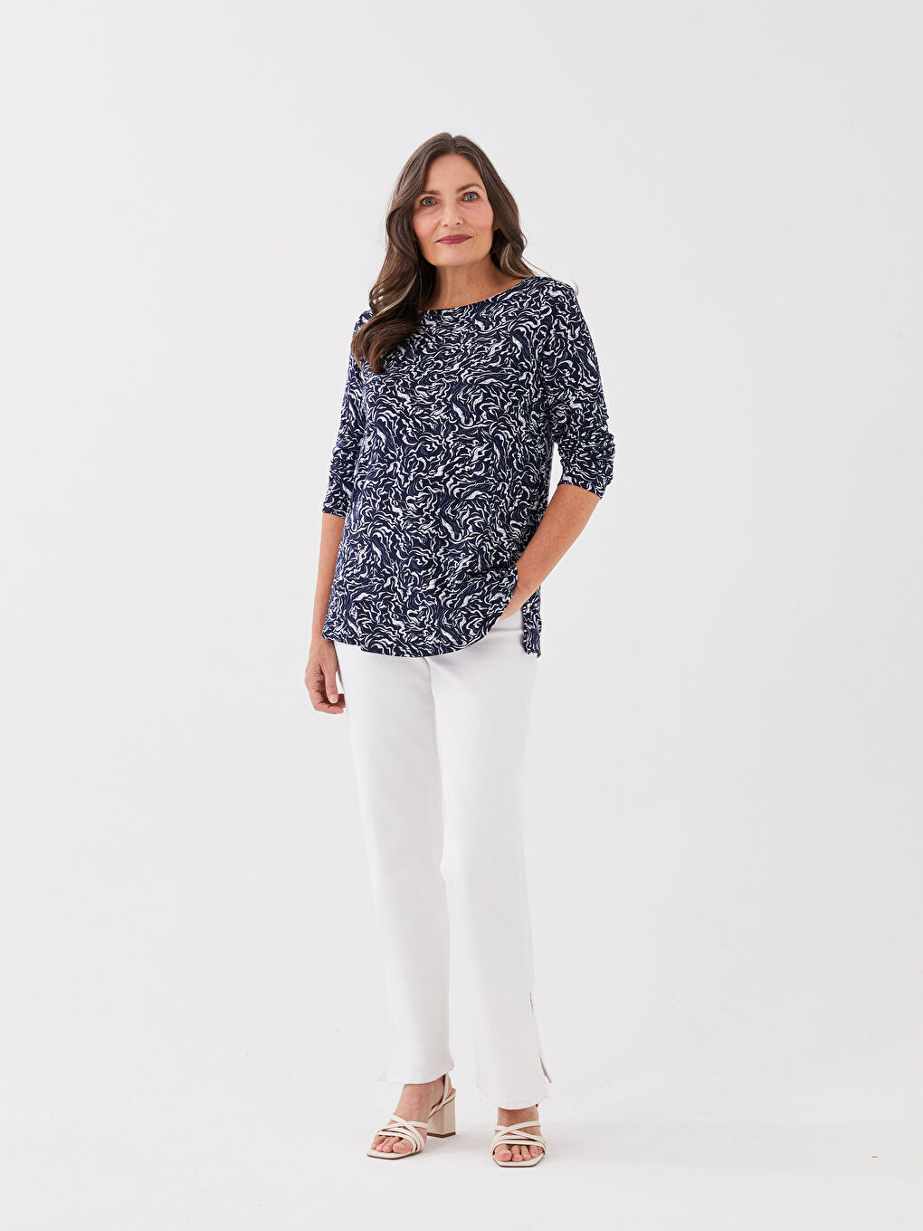 Lacivert Bisiklet Yaka Desenli Uzun Kollu Kadın Bluz-2