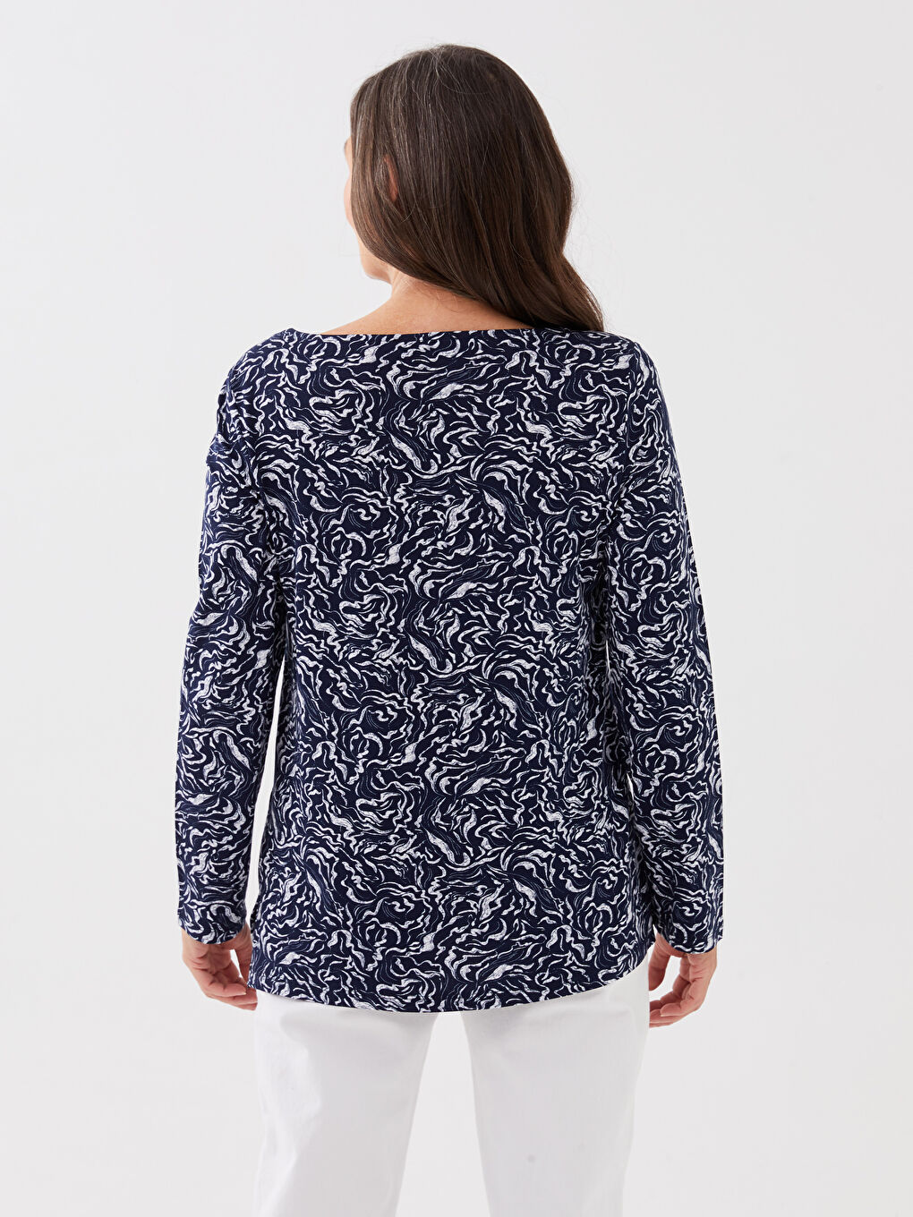 Lacivert Bisiklet Yaka Desenli Uzun Kollu Kadın Bluz-4