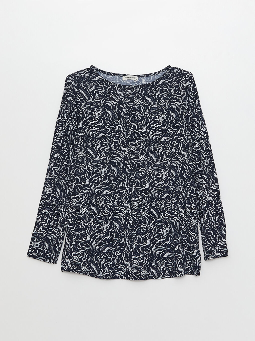 Lacivert Bisiklet Yaka Desenli Uzun Kollu Kadın Bluz-5