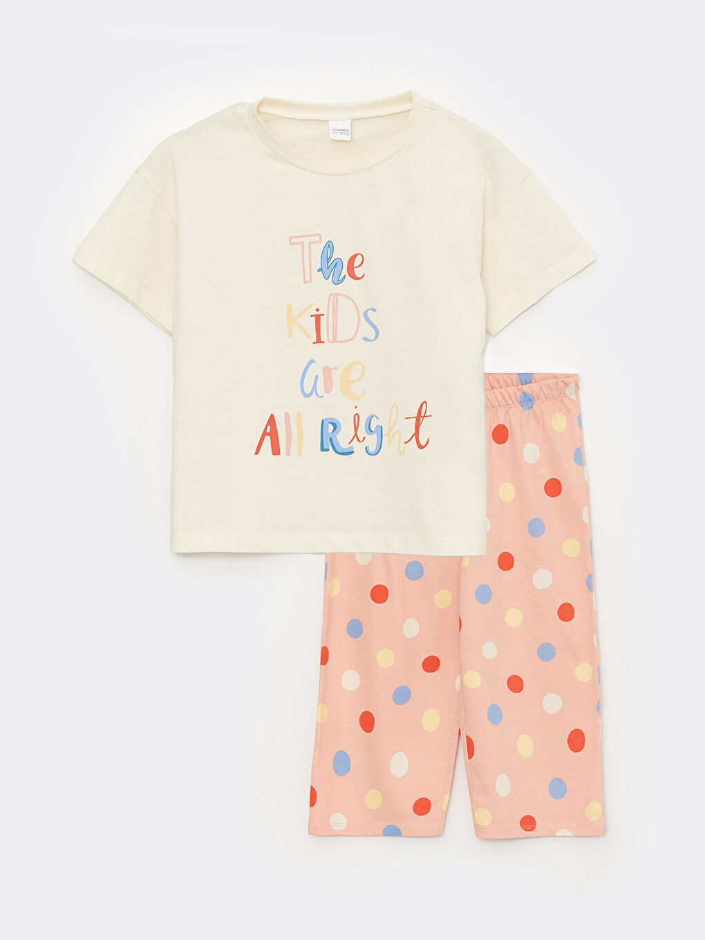 Ekru Bisiklet Yaka Baskılı Kısa Kollu Kız Çocuk Pijama Takımı