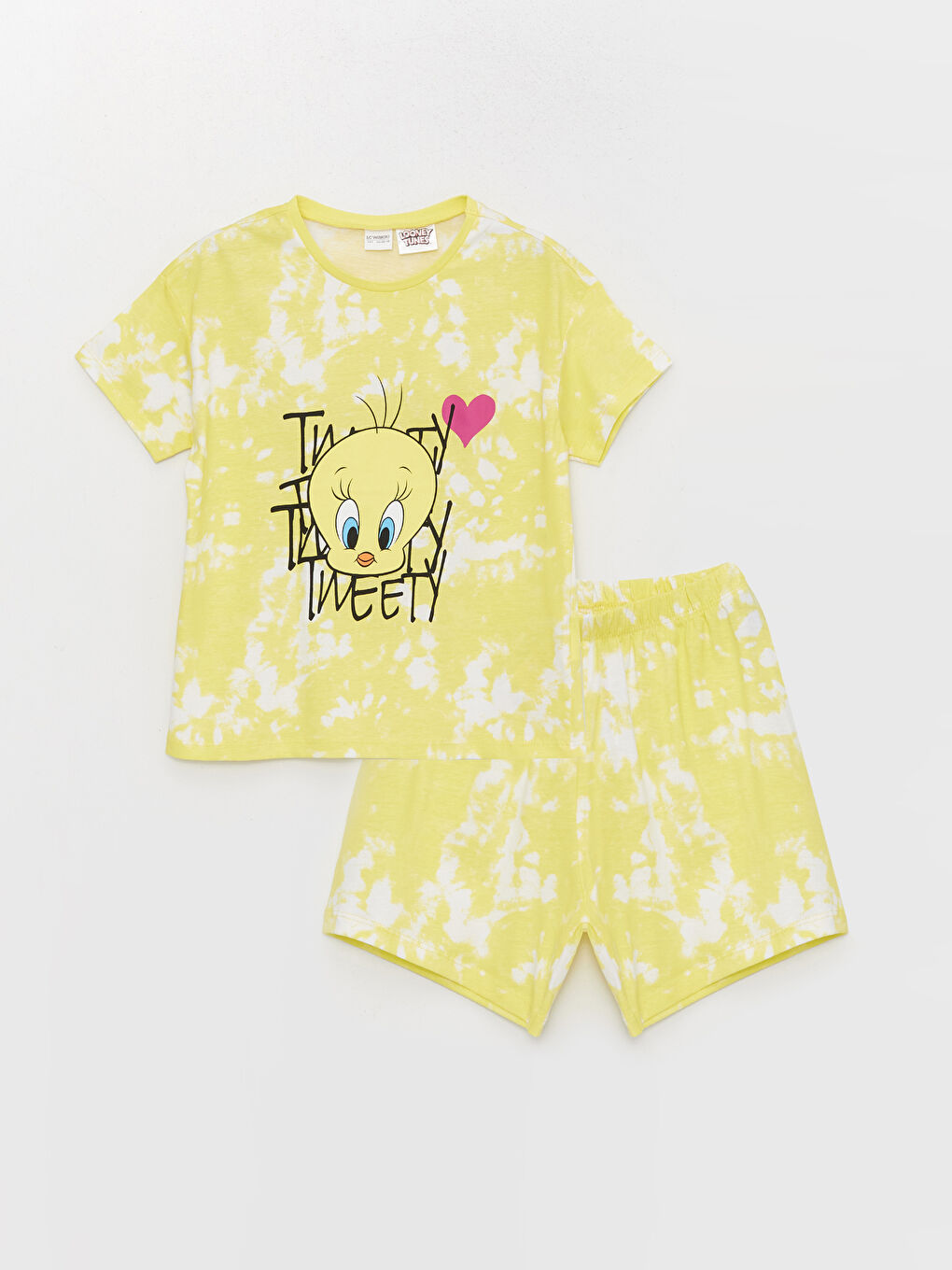 Beyaz Bisiklet Yaka Tweety Baskılı Kısa Kollu Kız Çocuk Şortlu Pijama Takımı