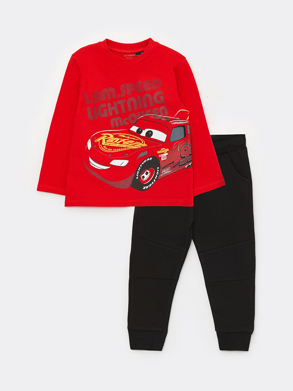 Crew Neck Long Sleeve Cars Printed Baby Boy T-Shirt and Pants
