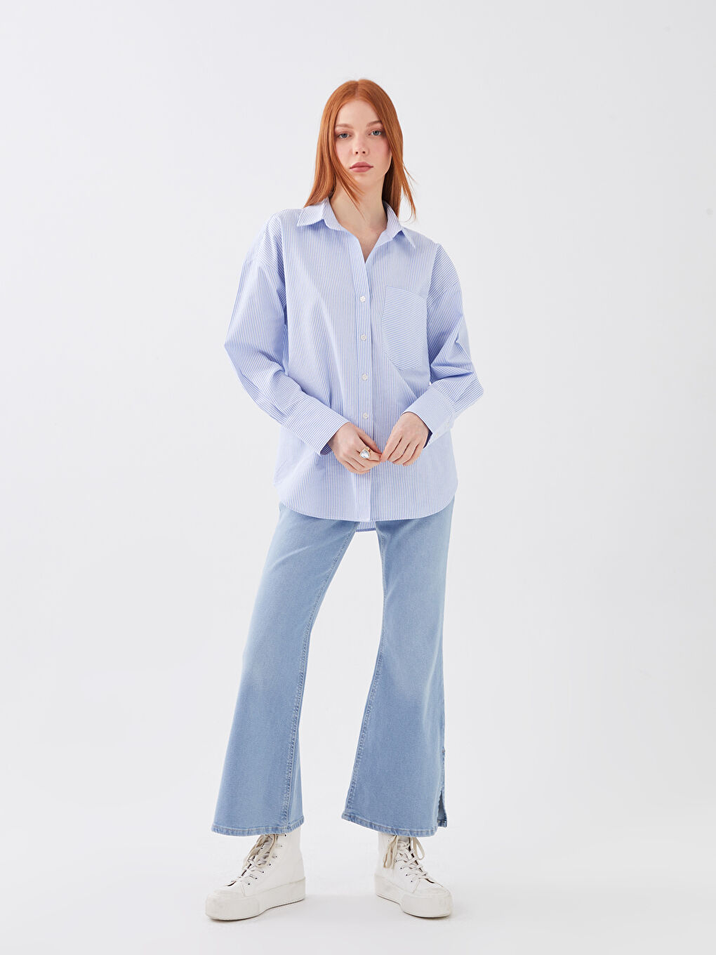 LCW Vision Gestreiftes Damenhemd mit langen Ärmeln und Taschendetail -S3DE95Z8-LEN