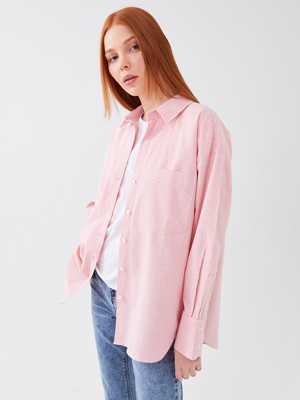 Kırmızı Cep Detaylı Çizgili Uzun Kollu Kadın Gömlek