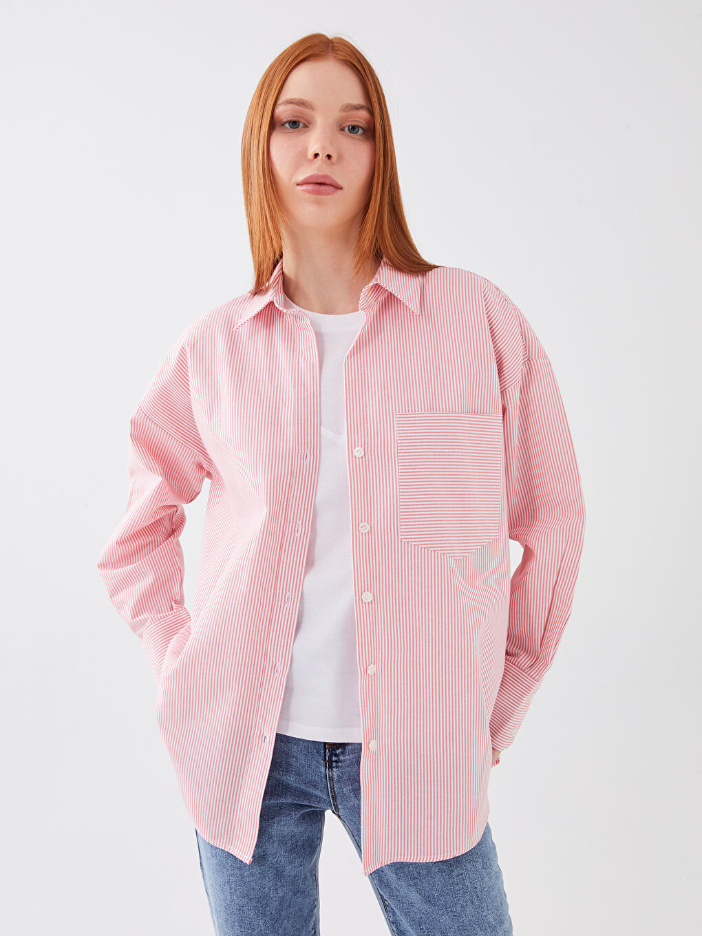 Kırmızı Cep Detaylı Çizgili Uzun Kollu Kadın Gömlek-1