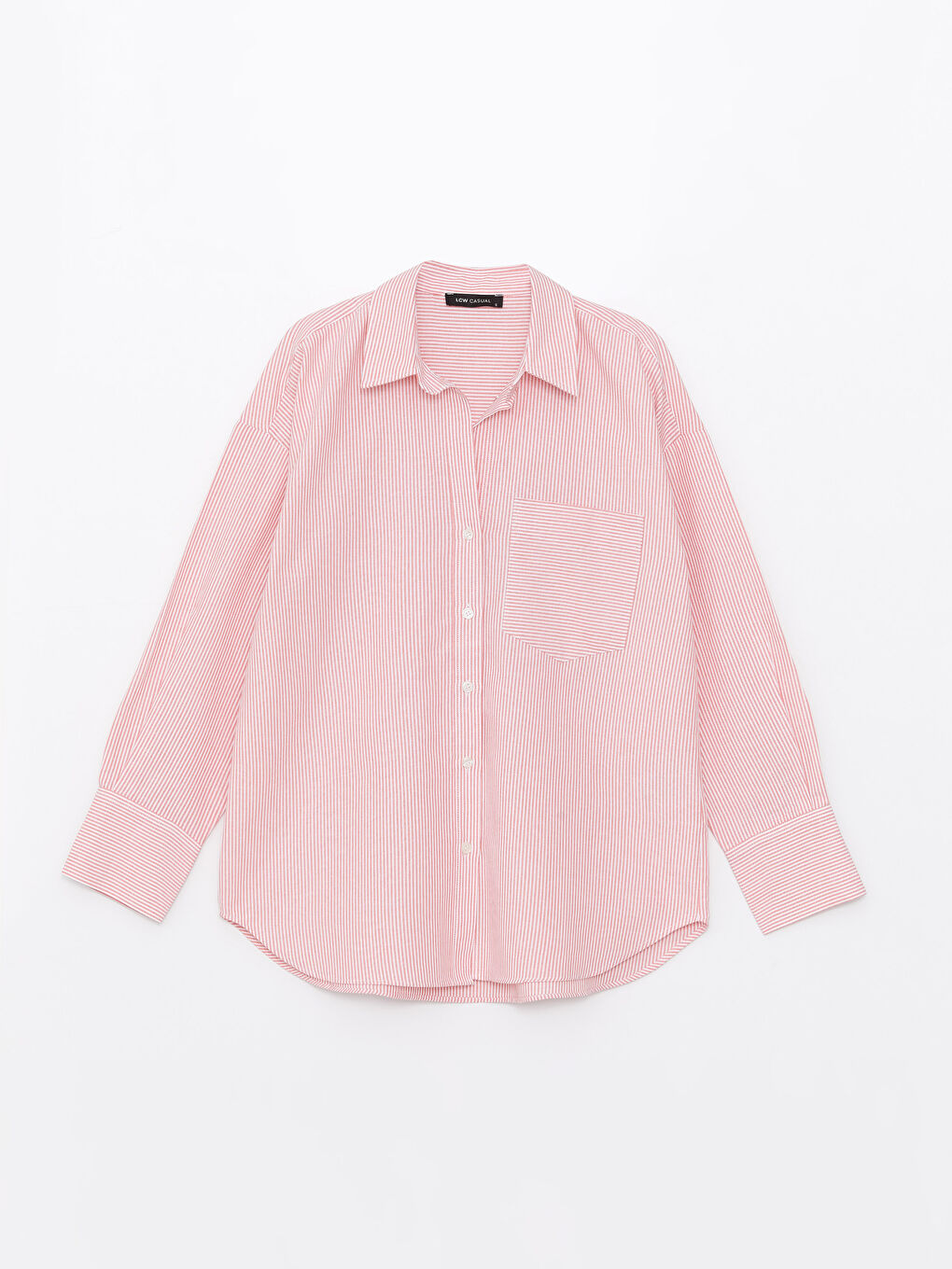 Kırmızı Cep Detaylı Çizgili Uzun Kollu Kadın Gömlek-5