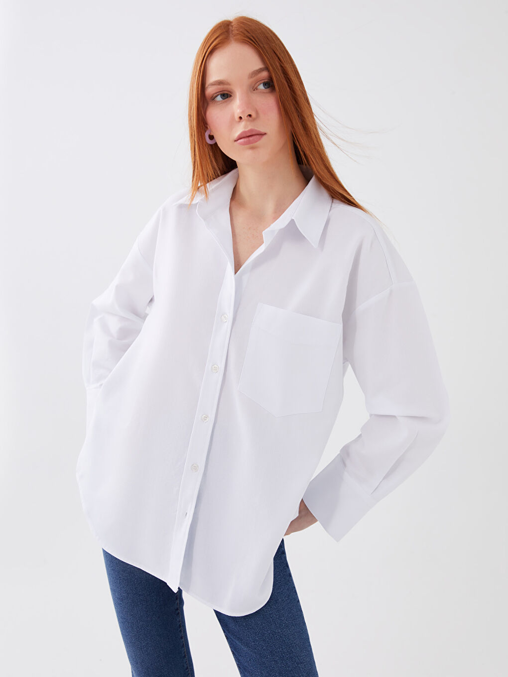 LCW Vision Beyaz Düz Uzun Kollu Oversize Kadın Gömlek