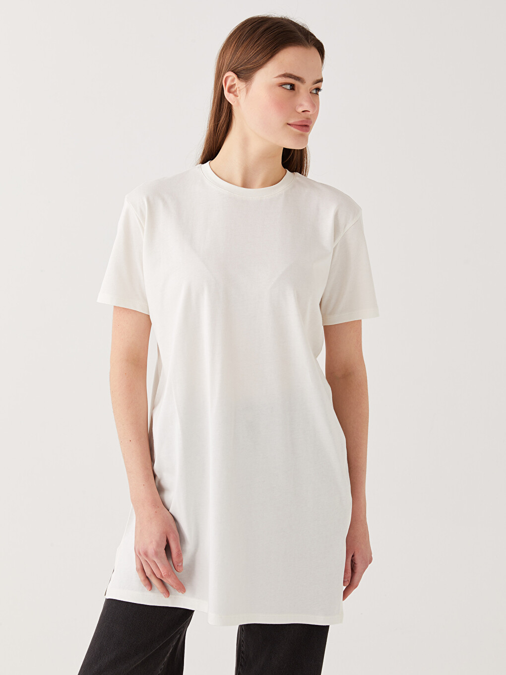 Crew Neck Plain Short Sleeve Women's Tunic-1