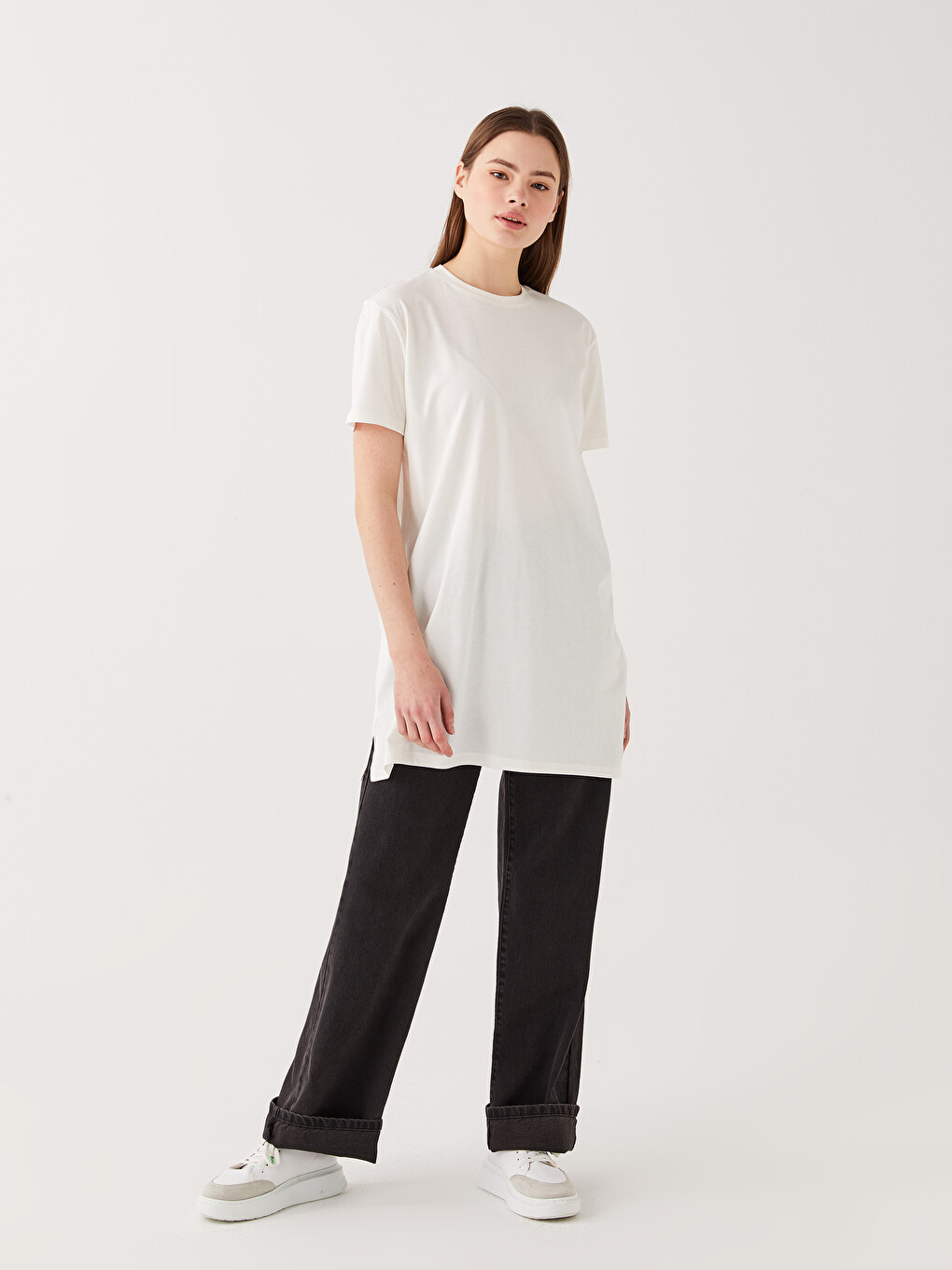 Crew Neck Plain Short Sleeve Women's Tunic-2
