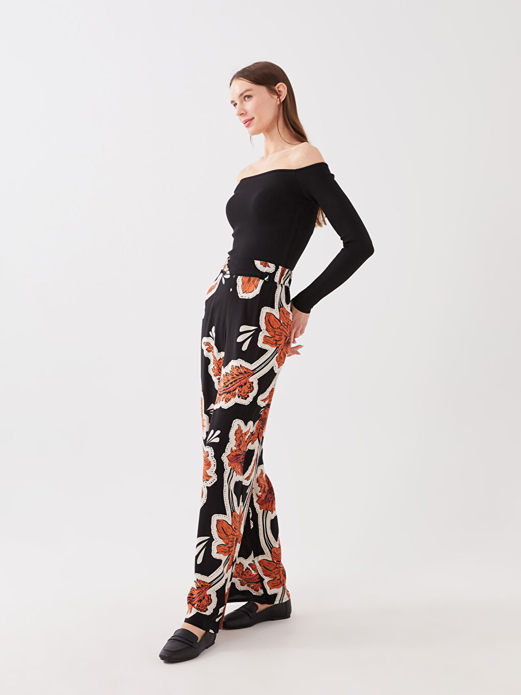 Pantaloni Palazzo Imprimați cu Talie Elastică pentru Femei-1