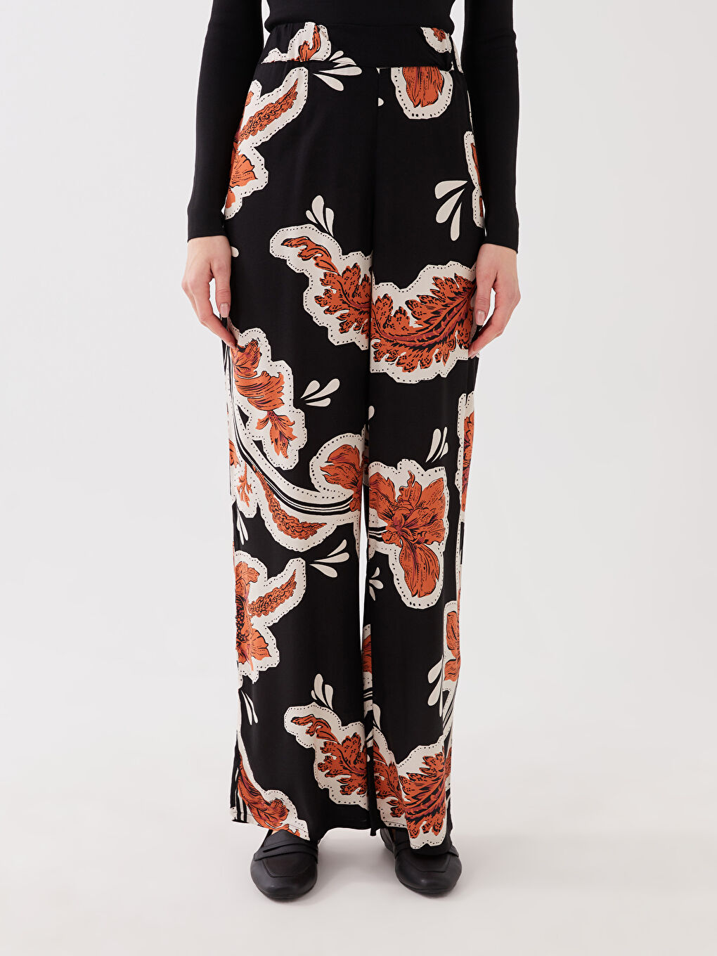 Pantaloni Palazzo Imprimați cu Talie Elastică pentru Femei-3