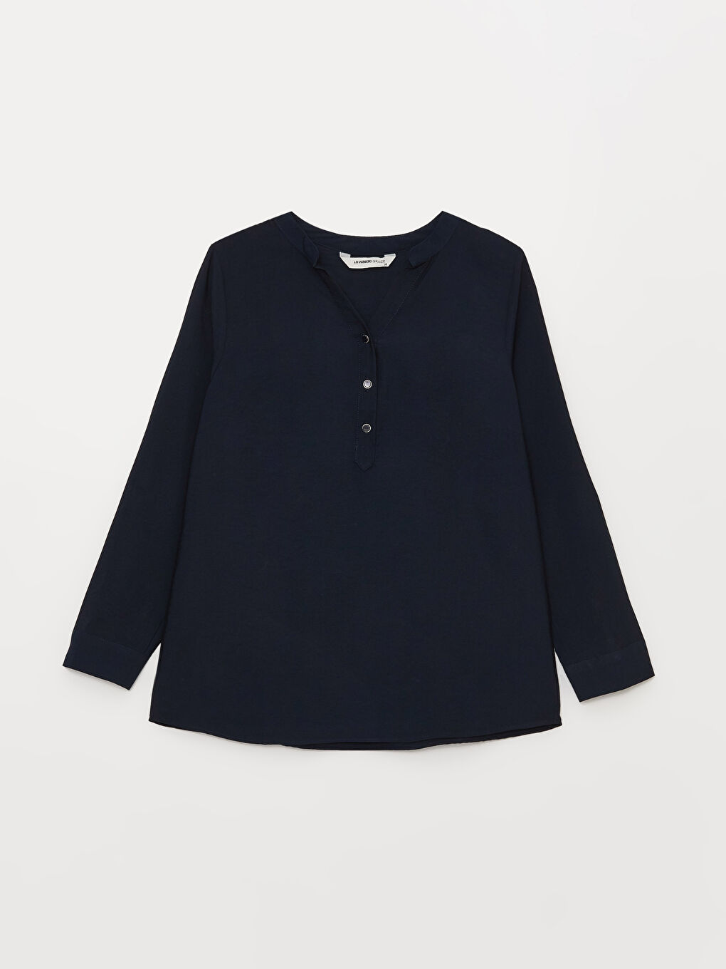 Lacivert Kaçık Yaka Düz Uzun Kollu Kadın Bluz-5