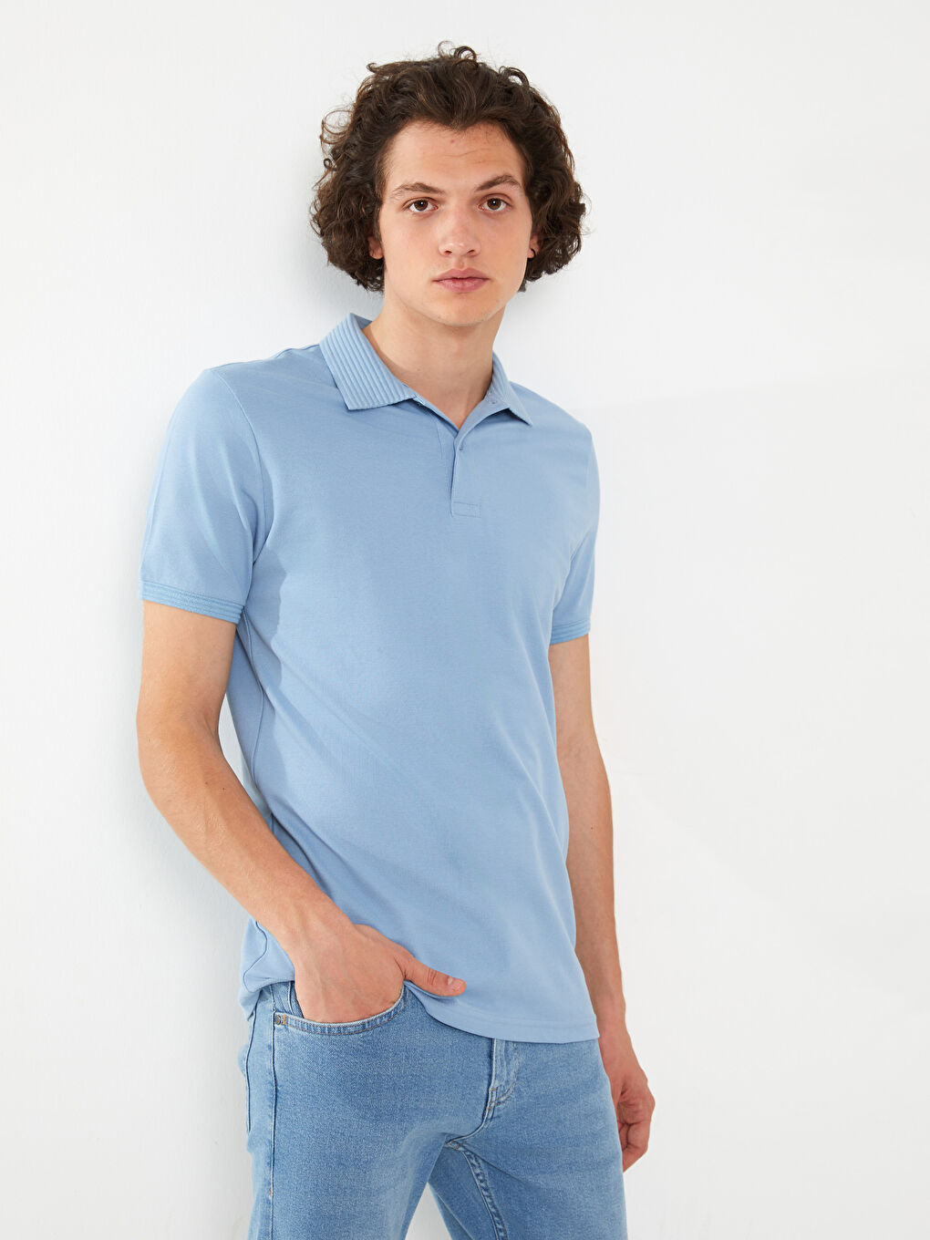 Mavi Polo Yaka Kısa Kollu Erkek Tişört