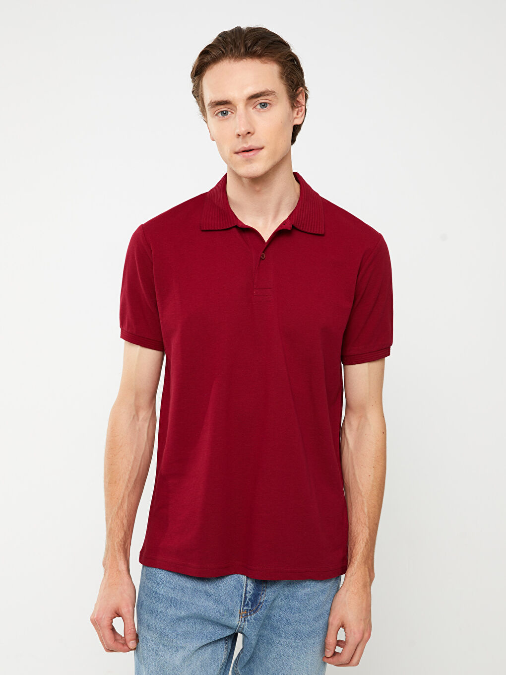 Bordo Polo Yaka Kısa Kollu Erkek Tişört-1