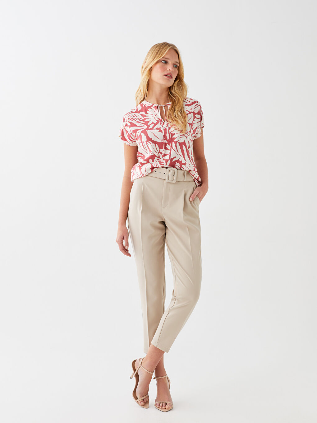 Belted High Waisted Carrot Fit Women's Trousers