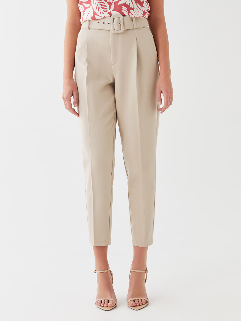 Belted High Waisted Carrot Fit Women's Trousers-2