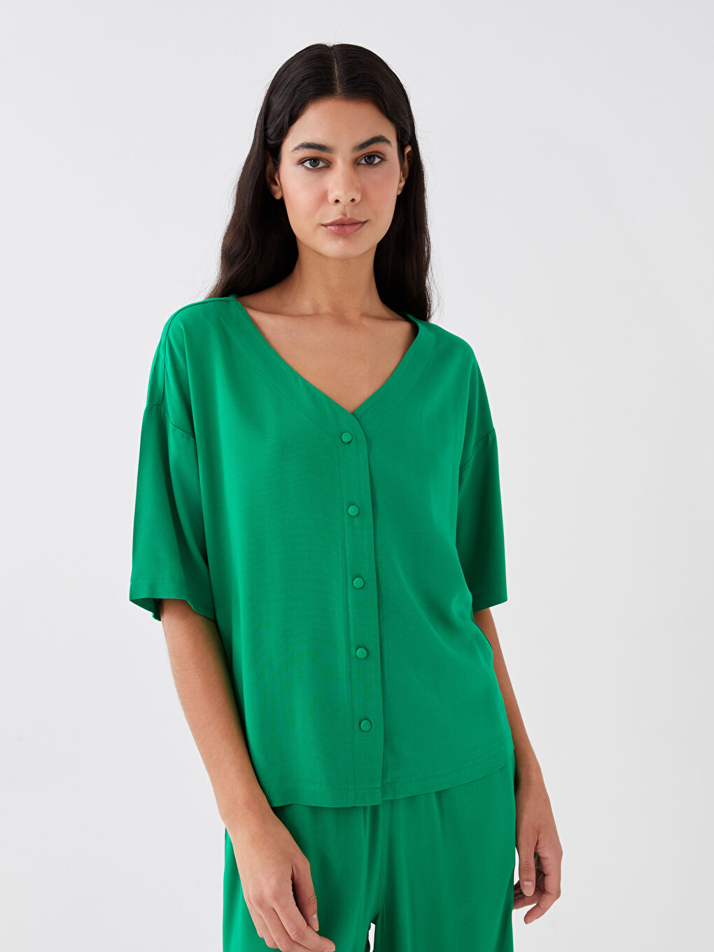 Yeşil V Yaka Kadın Pijama Takımı-1