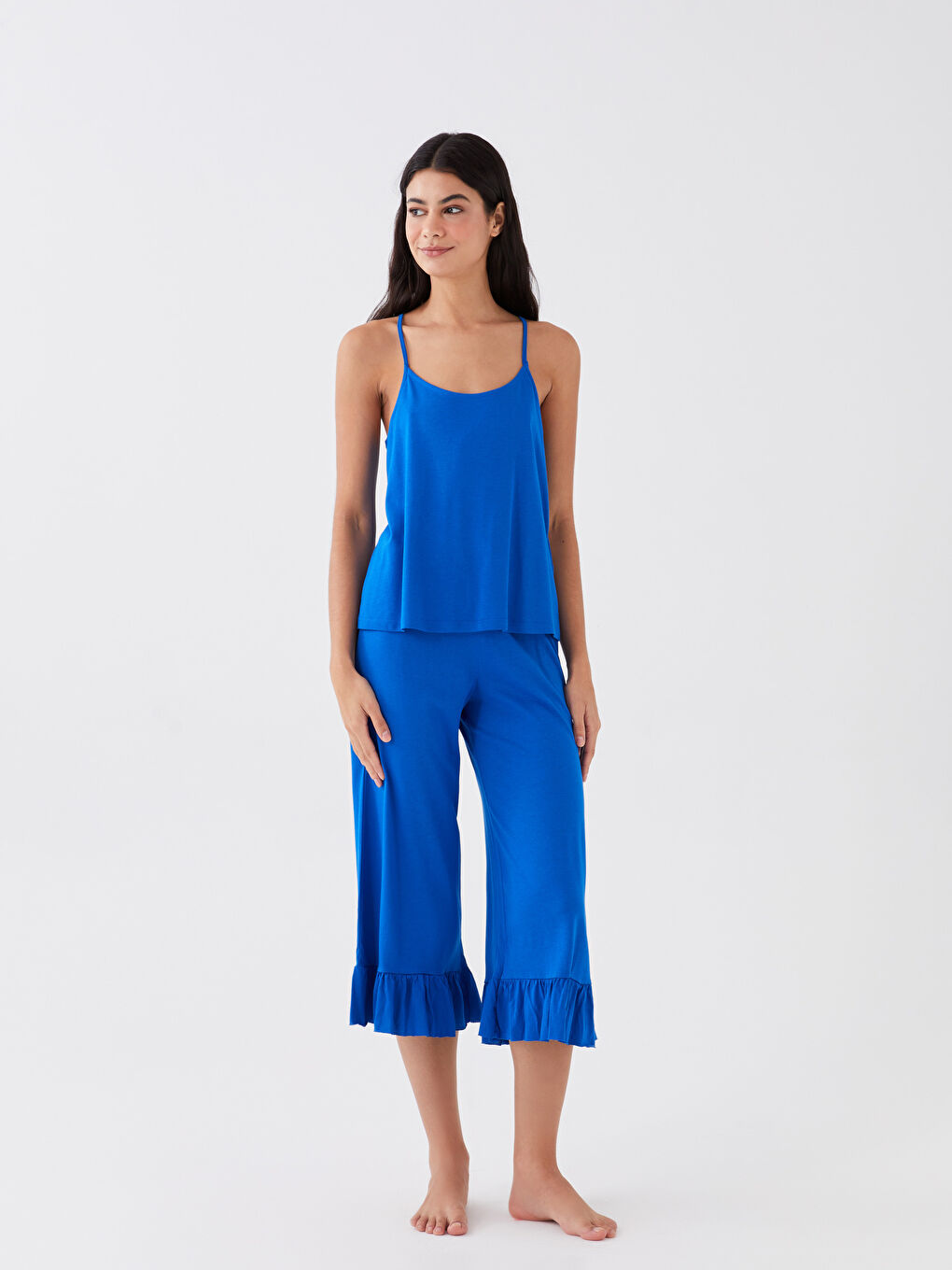 LCW DREAM Mavi U Yaka Düz Askılı Kadın Kaprili Pijama Takımı - 1