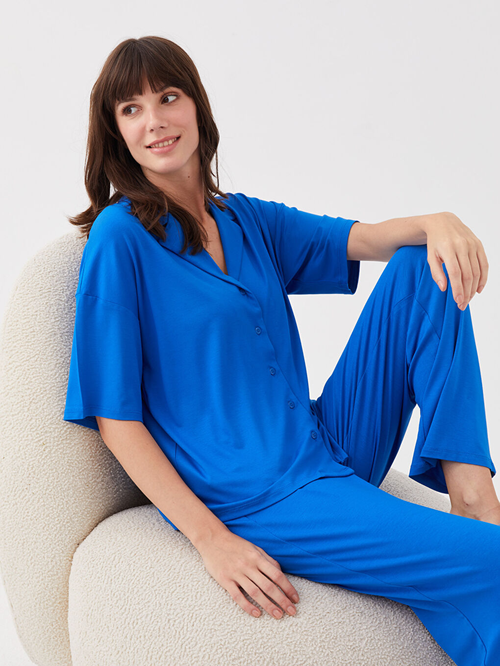 Mavi Gömlek Yaka Düz Kısa Kollu Kadın Pijama Takımı