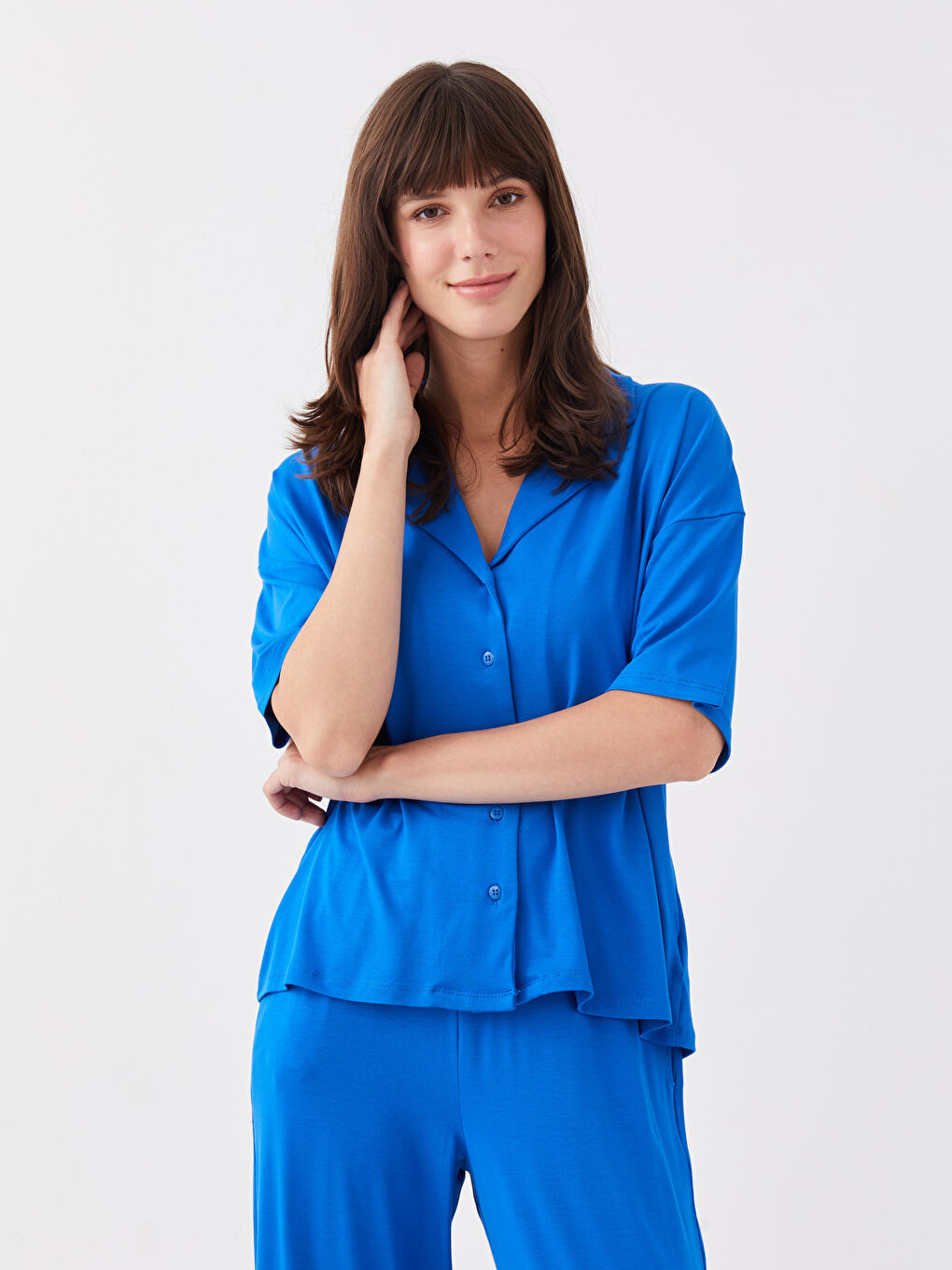 Mavi Gömlek Yaka Düz Kısa Kollu Kadın Pijama Takımı-1