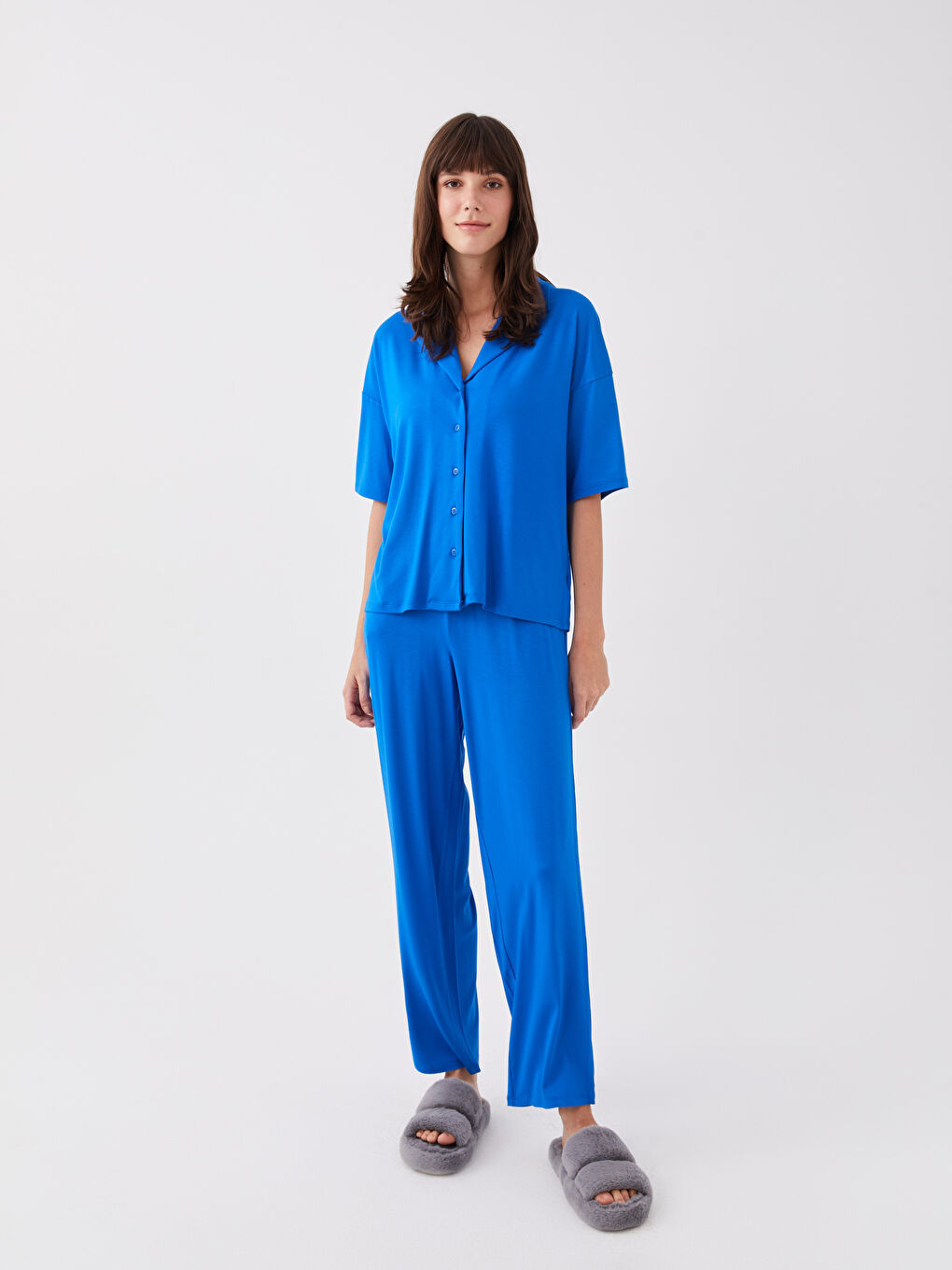 Mavi Gömlek Yaka Düz Kısa Kollu Kadın Pijama Takımı-2