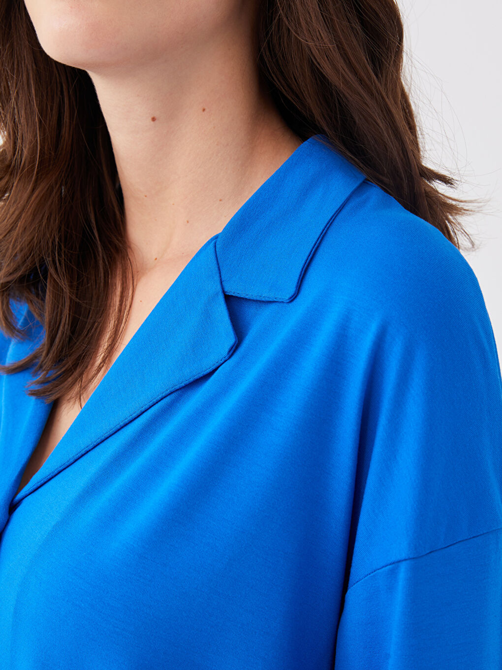 Mavi Gömlek Yaka Düz Kısa Kollu Kadın Pijama Takımı-3