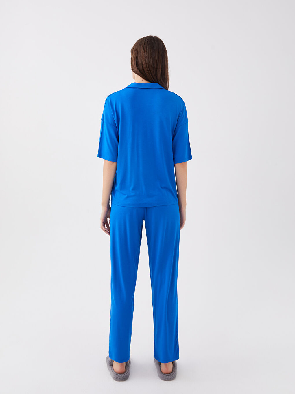 Mavi Gömlek Yaka Düz Kısa Kollu Kadın Pijama Takımı-4