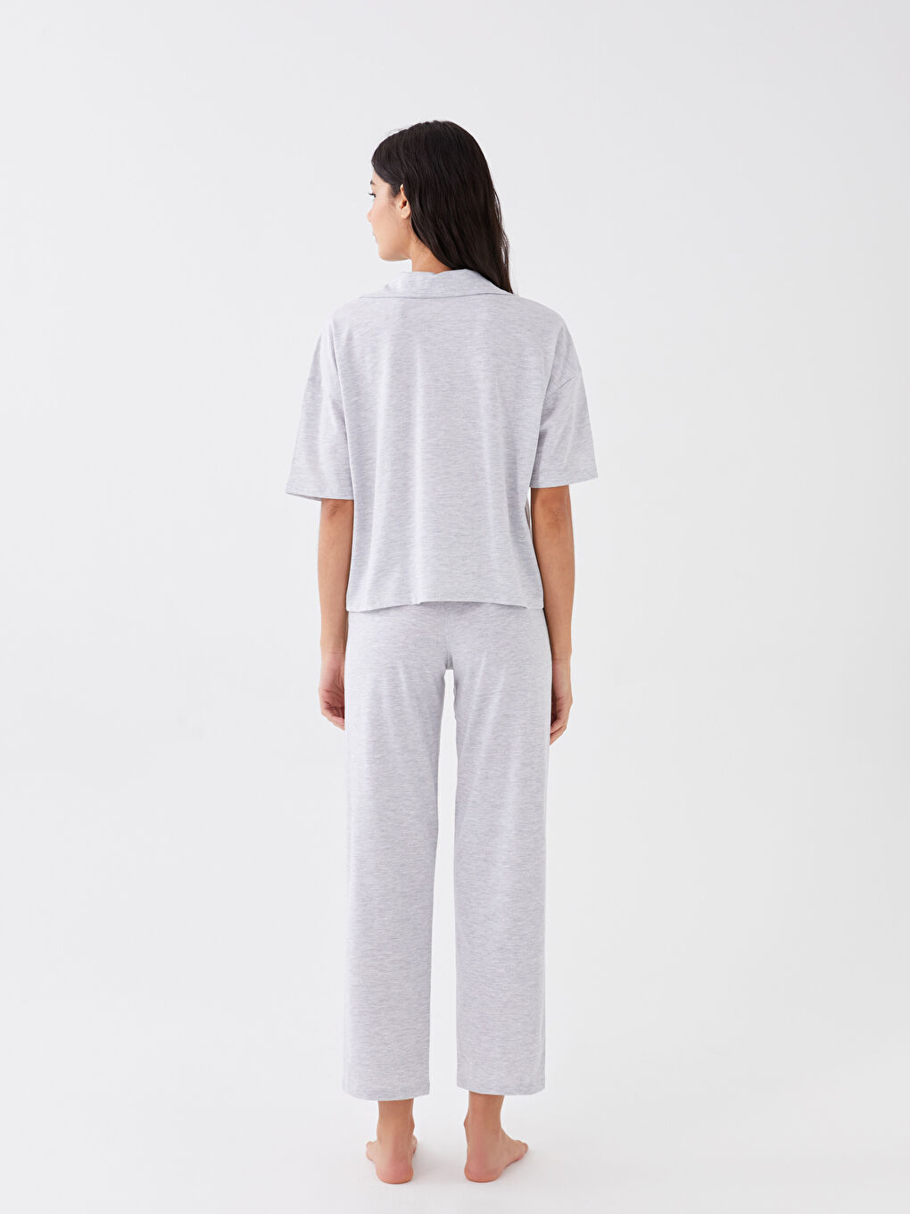 Gri Gömlek Yaka Düz Kısa Kollu Kadın Pijama Takımı-4